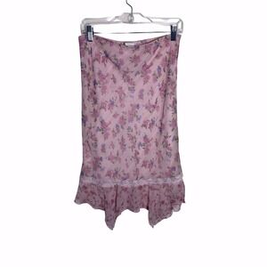 Vtg Pink Floral Ruffle Hem Skirt Cottagecore Y2K Pastel Lace Trim Girls sz 16